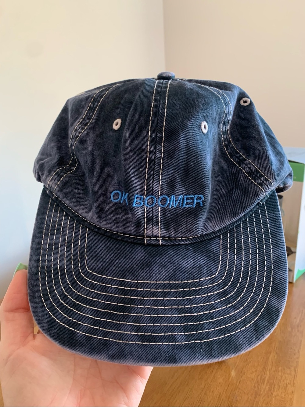 OK Boomer Text Dark Blue Denim Dad Cap Hat Unisex Funny Novelty Streetwear NWOT